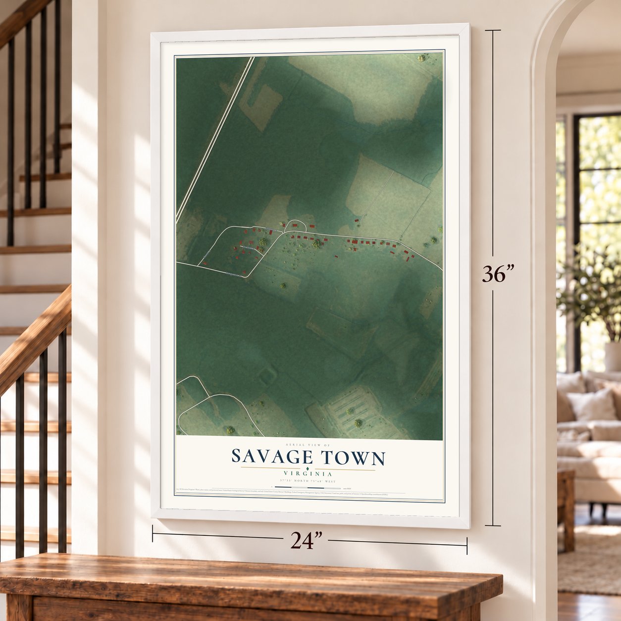 Savage Town, Virginia map, 24 x 36 inch print in a white frame by a staircase