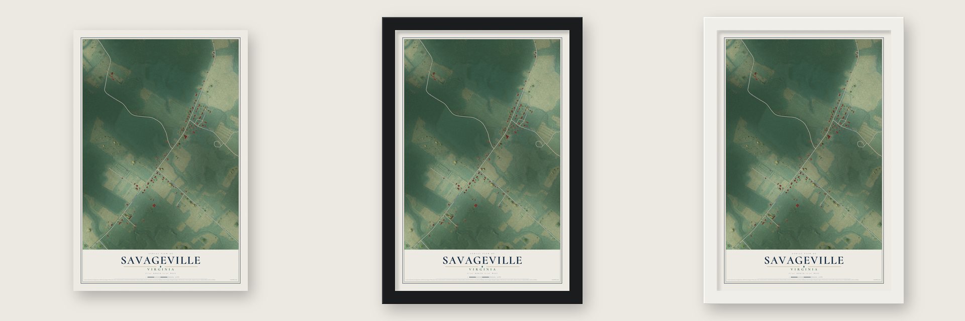 Savageville, Virginia map unframed, in a black wood frame and in a white wood frame