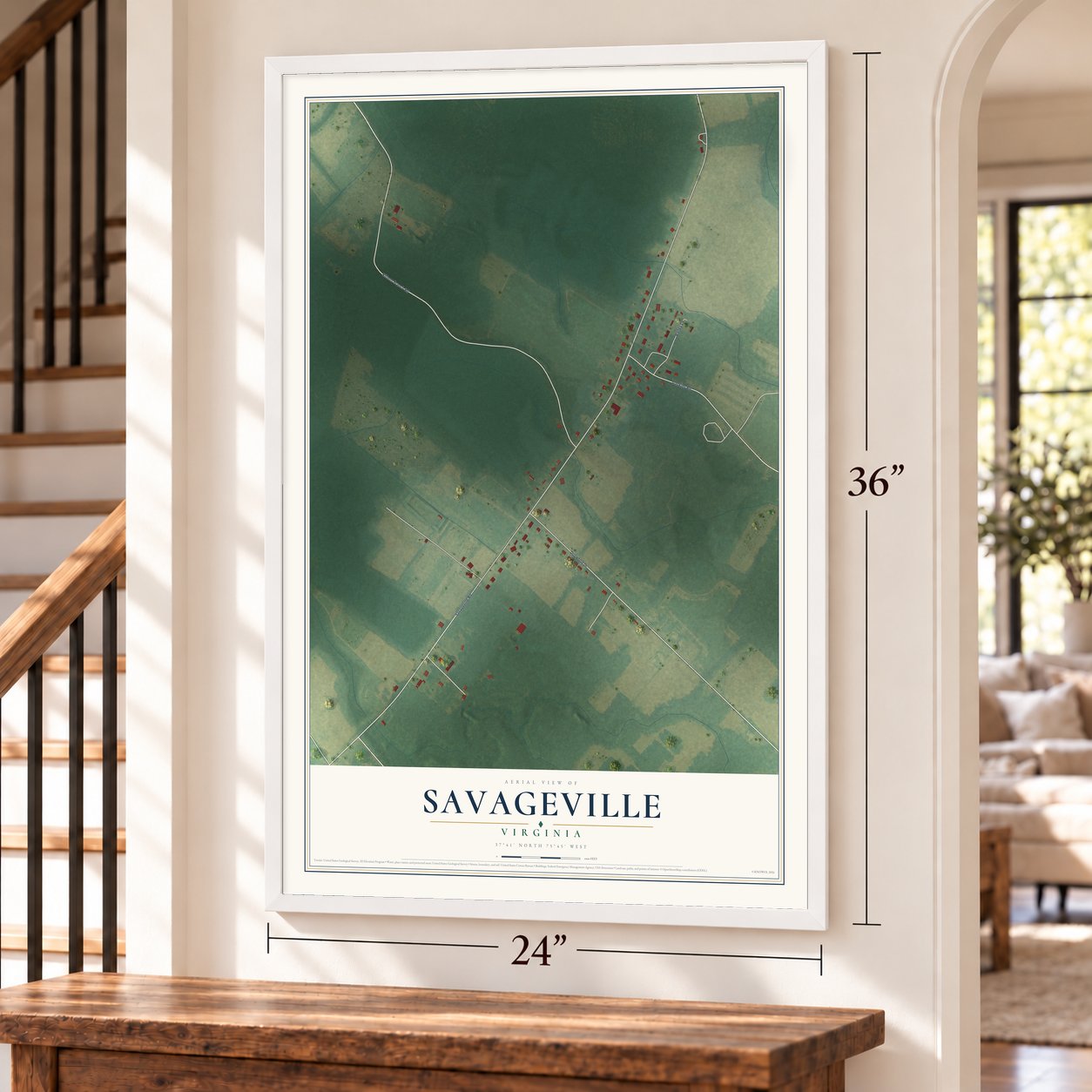 Savageville, Virginia map, 24 x 36 inch print in a white frame by a staircase
