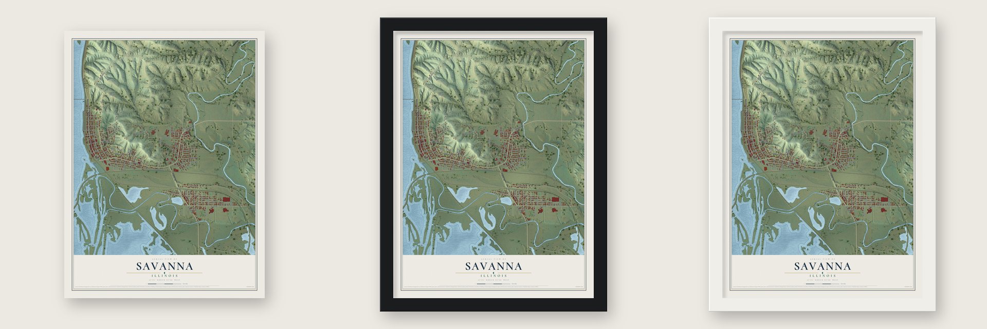 Savanna, Illinois map unframed, in a black wood frame and in a white wood frame