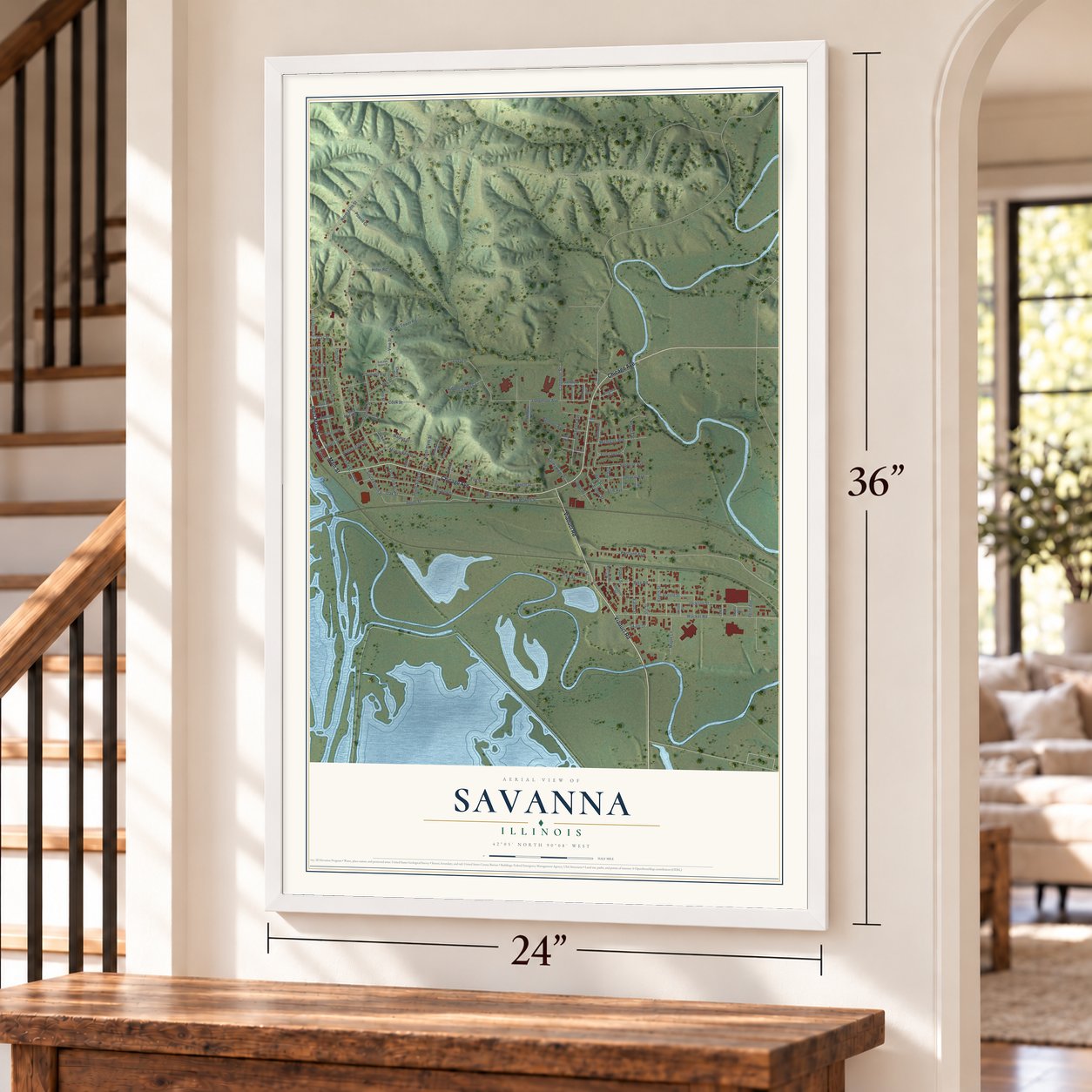 Savanna, Illinois map, 24 x 36 inch print in a white frame by a staircase