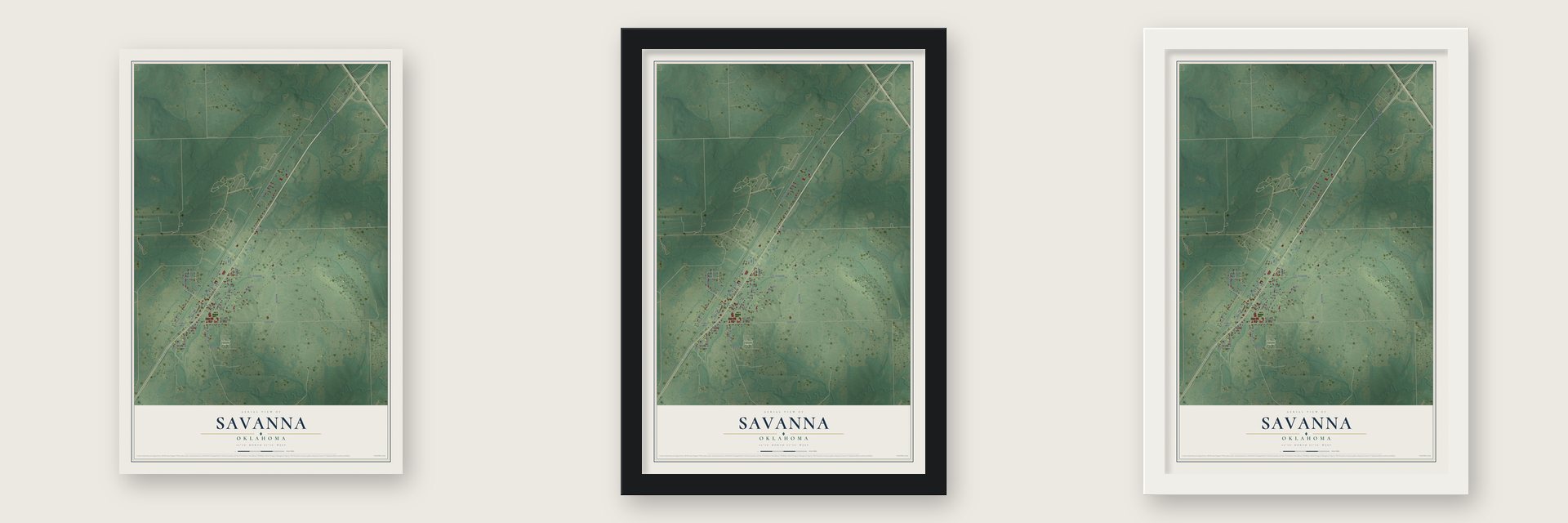 Savanna, Oklahoma map unframed, in a black wood frame and in a white wood frame