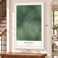 Savanna, Oklahoma map, 24 x 36 inch print in a white frame by a staircase