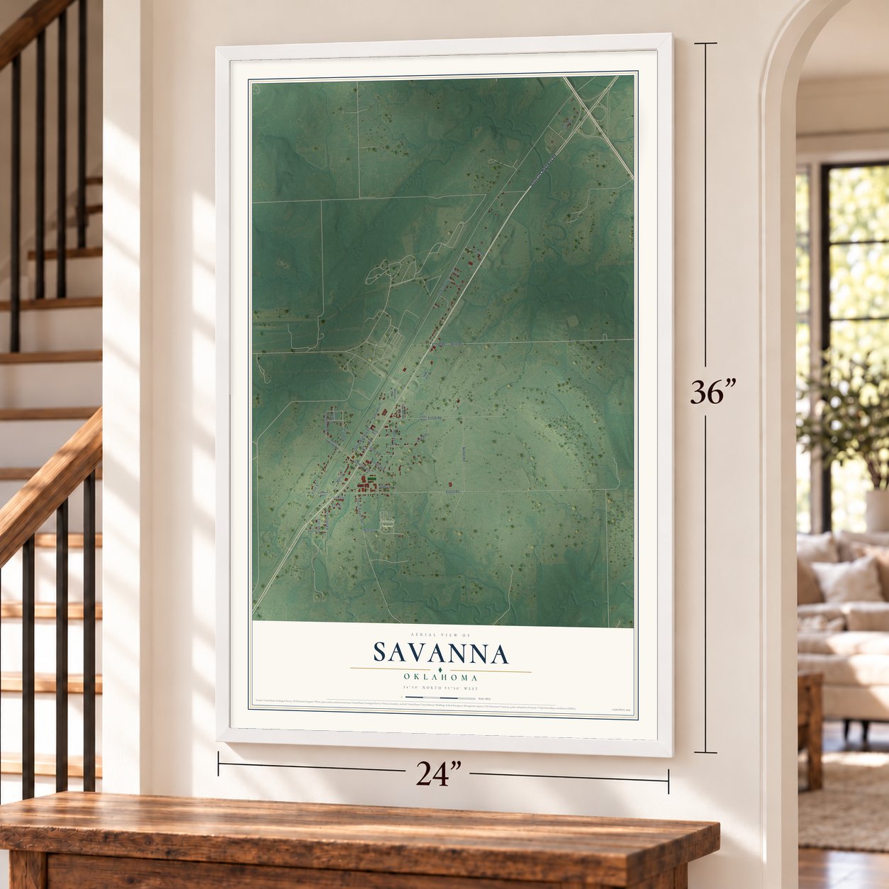 Savanna, Oklahoma map, 24 x 36 inch print in a white frame by a staircase
