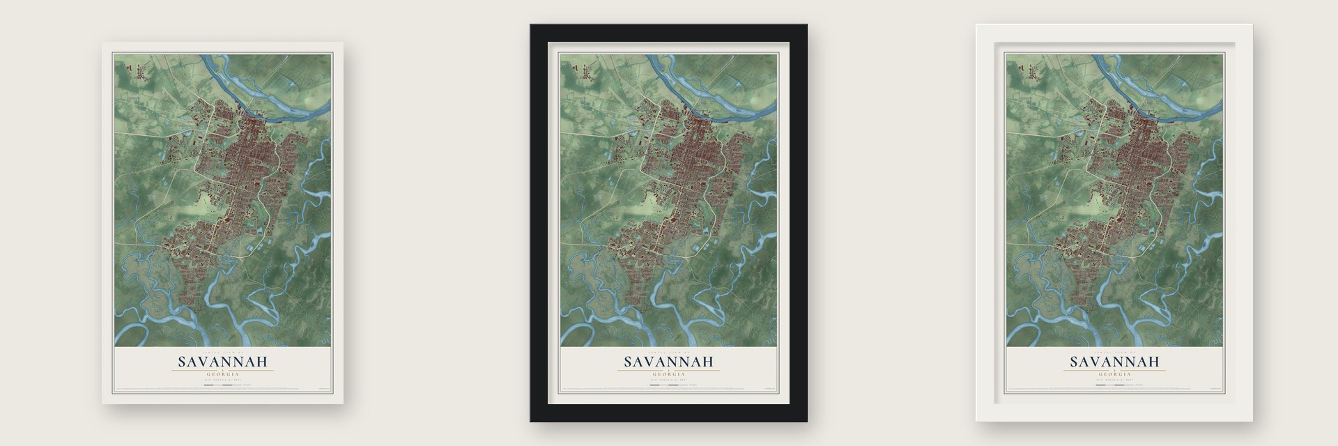 Savannah, Georgia map unframed, in a black wood frame and in a white wood frame
