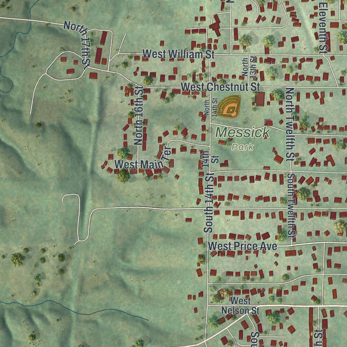 Second close-up of the map of Savannah, Missouri print showing more streets and buildings