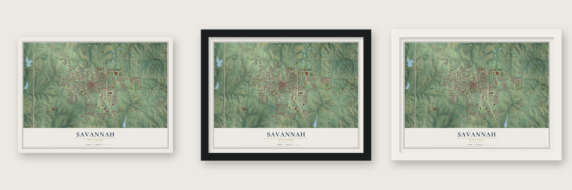 Savannah, Missouri map unframed, in a black wood frame and in a white wood frame