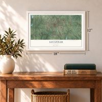 Savannah, Missouri map, 12 x 18 inch print in a white frame in an entryway
