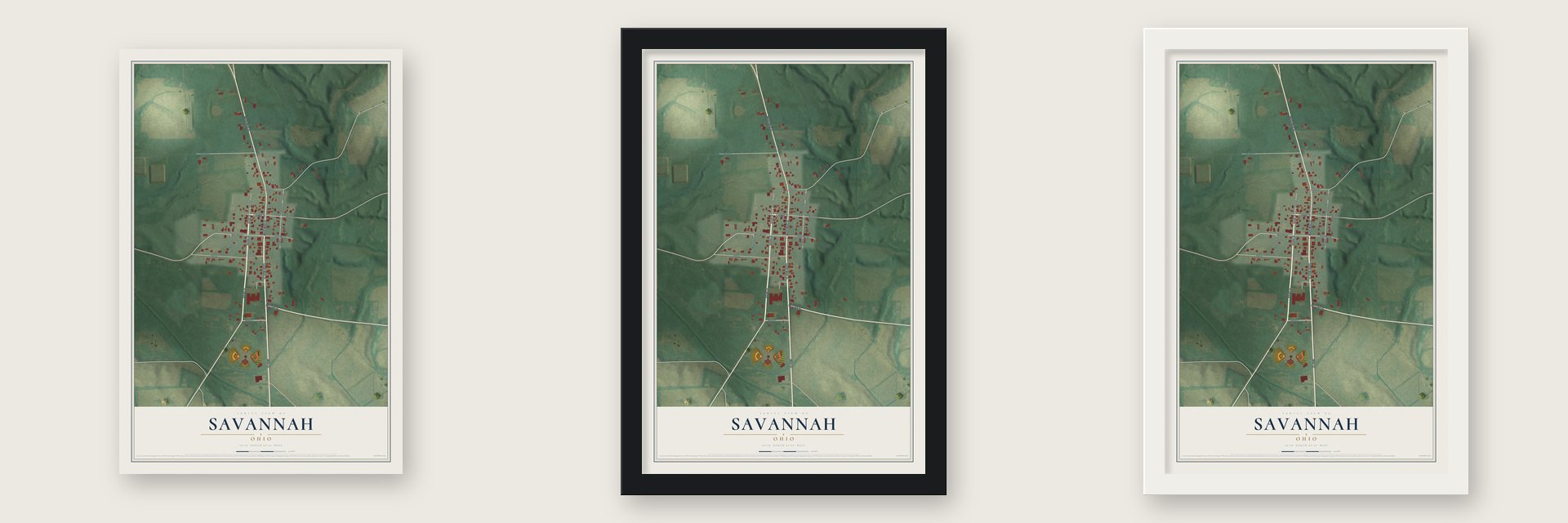 Savannah, Ohio map unframed, in a black wood frame and in a white wood frame