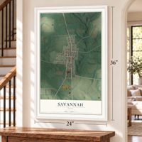 Savannah, Ohio map, 24 x 36 inch print in a white frame by a staircase