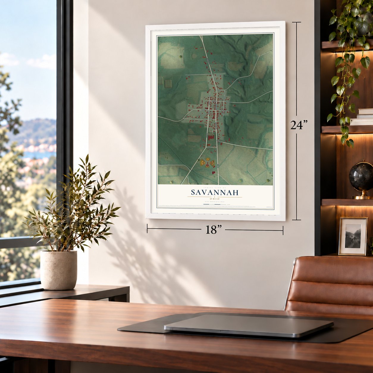 Savannah, Ohio map, 18 x 24 inch print in a white frame in a home office