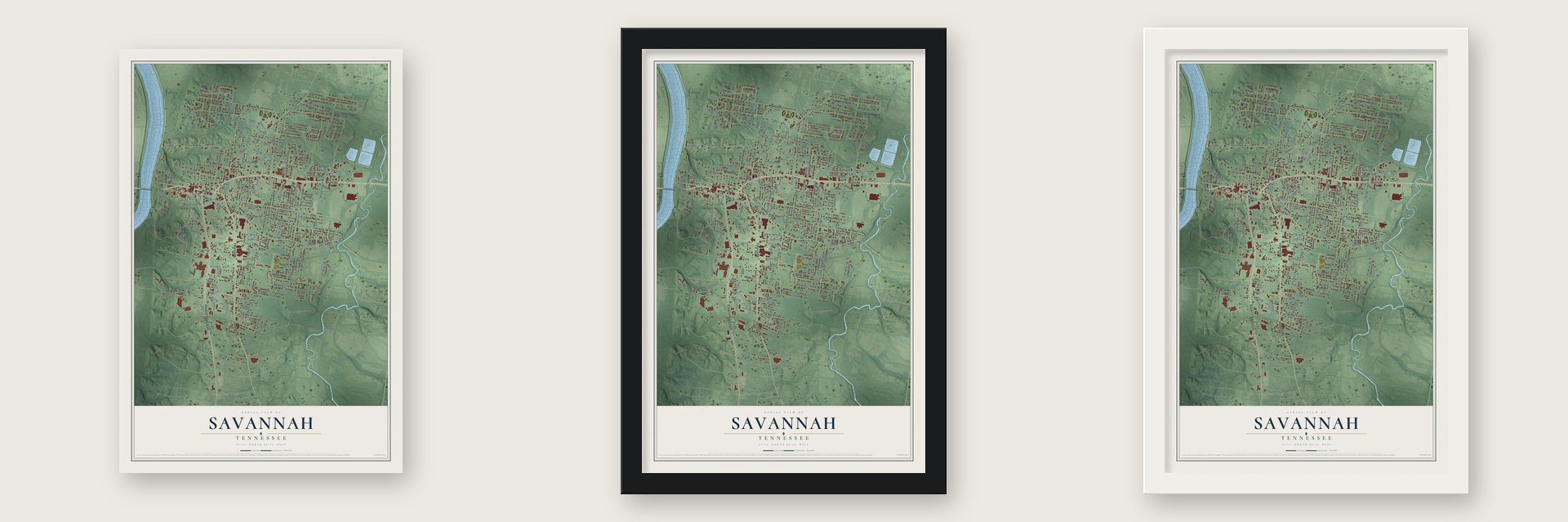 Savannah, Tennessee map unframed, in a black wood frame and in a white wood frame