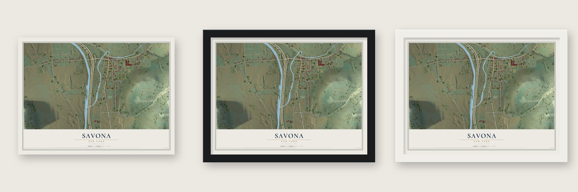 Savona, New York map unframed, in a black wood frame and in a white wood frame