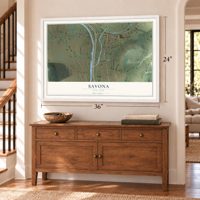 Savona, New York map, 24 x 36 inch print in a white frame above a dresser by a staircase