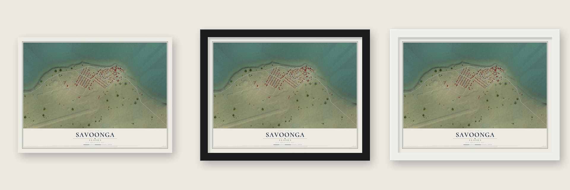 Savoonga, Alaska map unframed, in a black wood frame and in a white wood frame