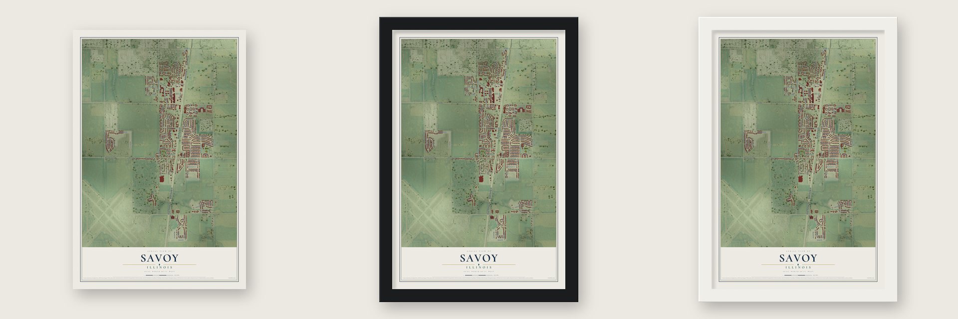Savoy, Illinois map unframed, in a black wood frame and in a white wood frame