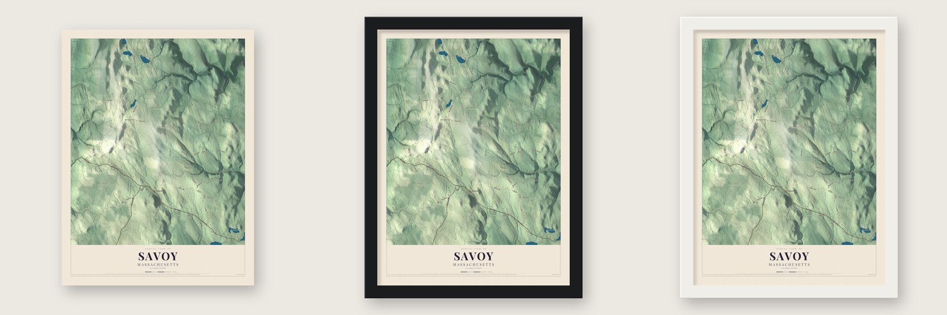 Savoy, Massachusetts map unframed, in a black wood frame and in a white wood frame