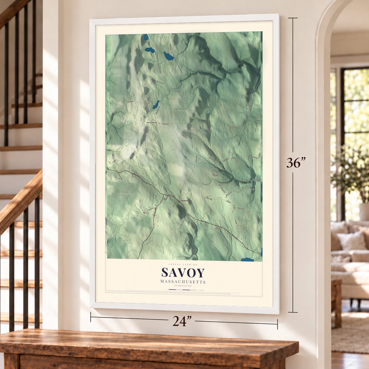 Savoy, Massachusetts map, 24 x 36 inch print in a white frame by a staircase