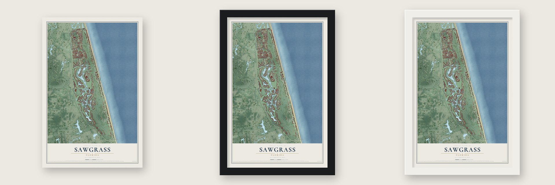 Sawgrass, Florida map unframed, in a black wood frame and in a white wood frame
