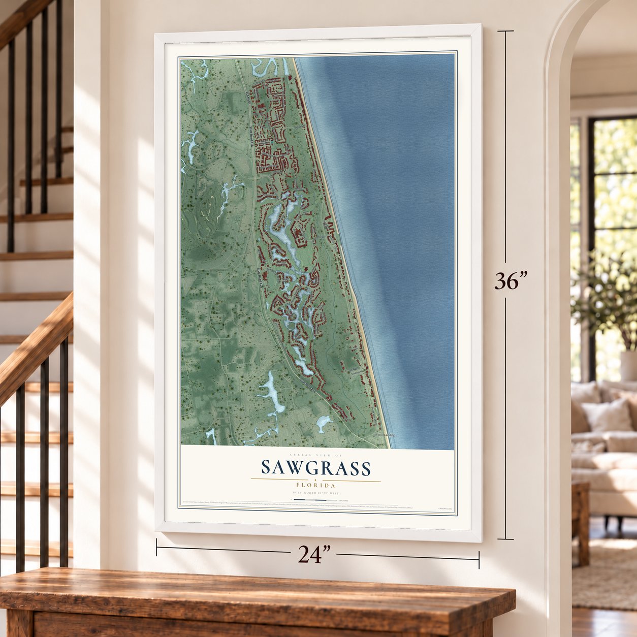 Sawgrass, Florida map, 24 x 36 inch print in a white frame by a staircase