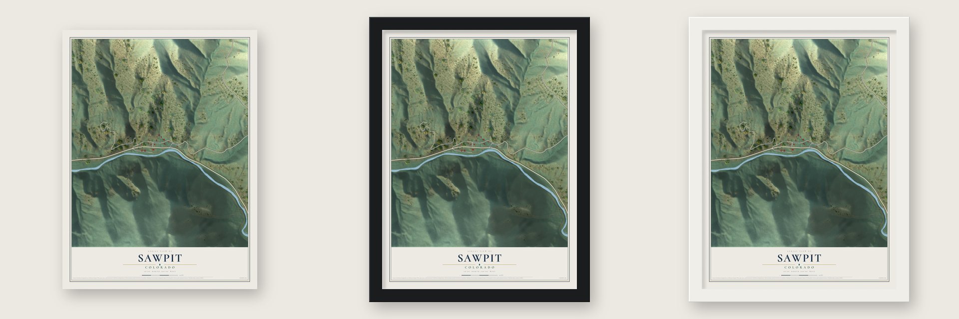 Sawpit, Colorado map unframed, in a black wood frame and in a white wood frame