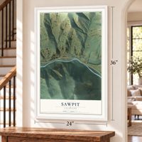Sawpit, Colorado map, 24 x 36 inch print in a white frame by a staircase