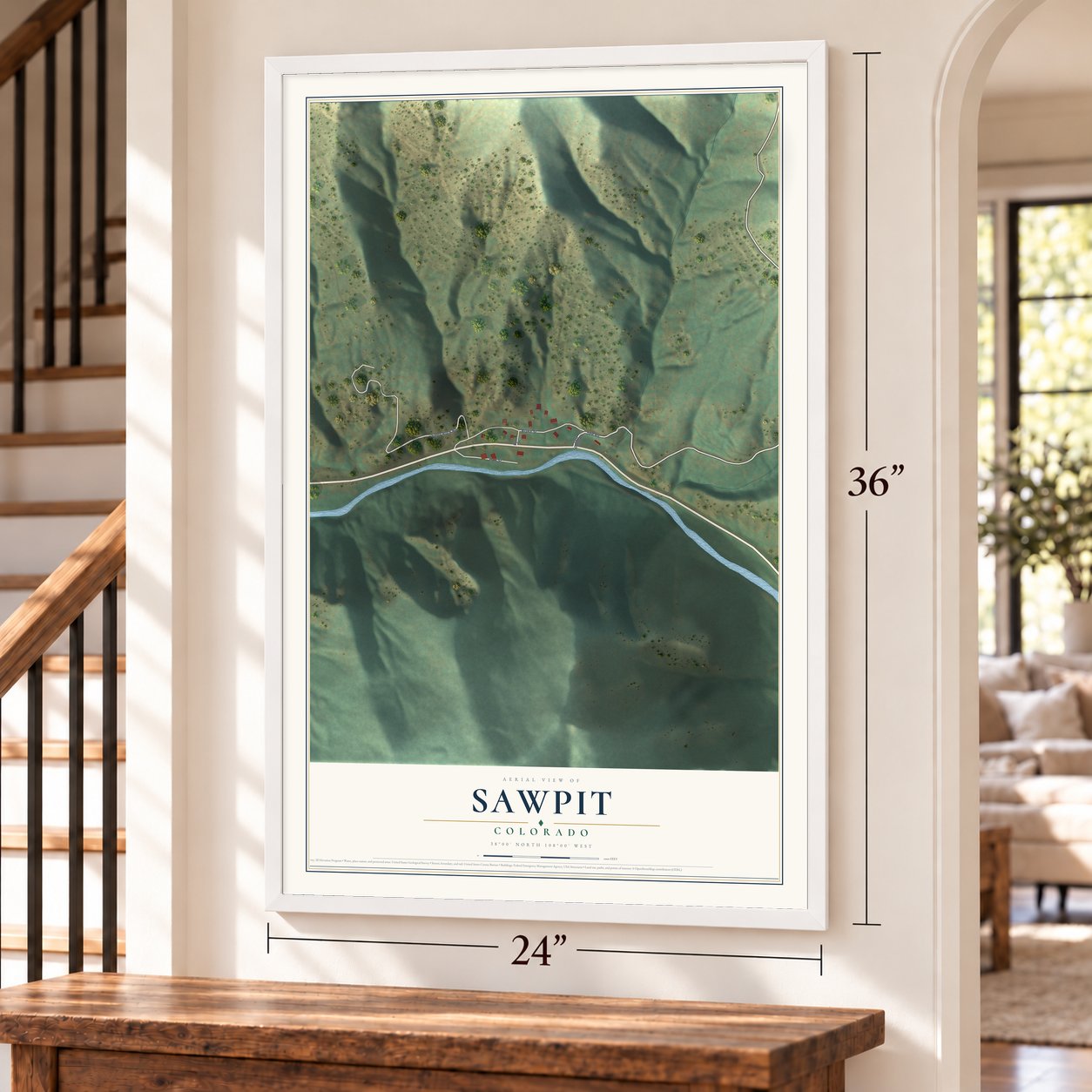 Sawpit, Colorado map, 24 x 36 inch print in a white frame by a staircase