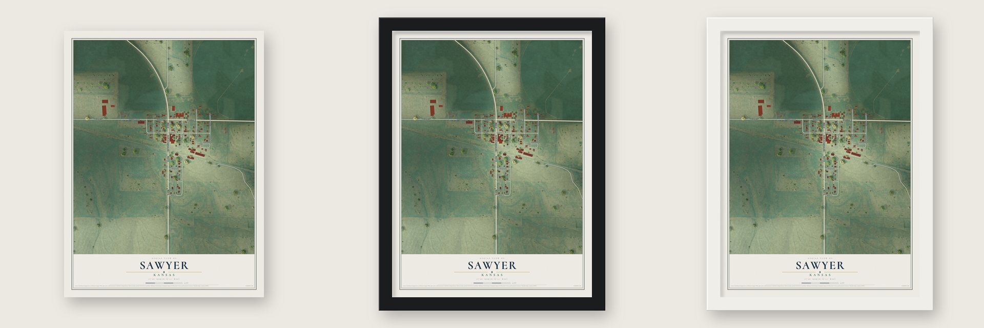 Sawyer, Kansas map unframed, in a black wood frame and in a white wood frame
