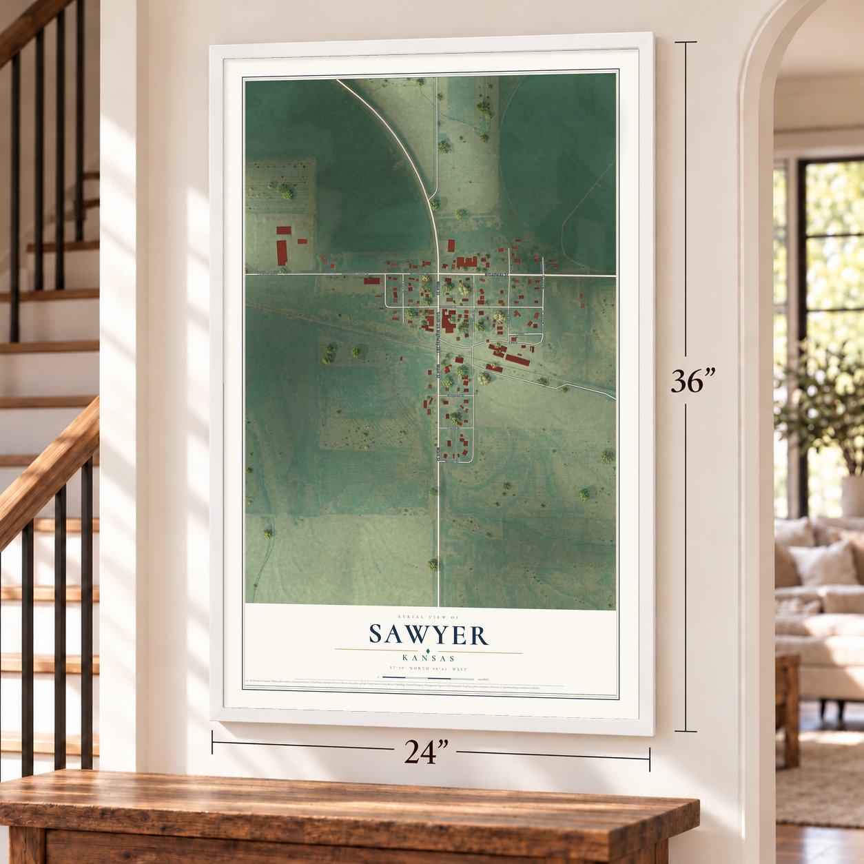 Sawyer, Kansas map, 24 x 36 inch print in a white frame by a staircase