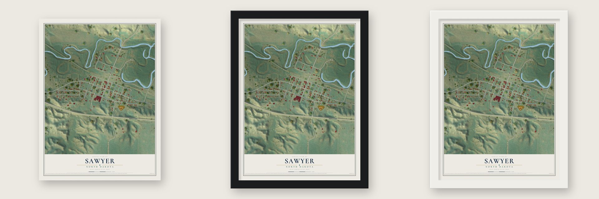 Sawyer, North Dakota map unframed, in a black wood frame and in a white wood frame