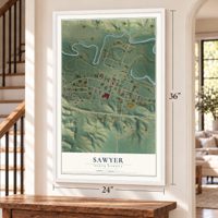 Sawyer, North Dakota map, 24 x 36 inch print in a white frame by a staircase