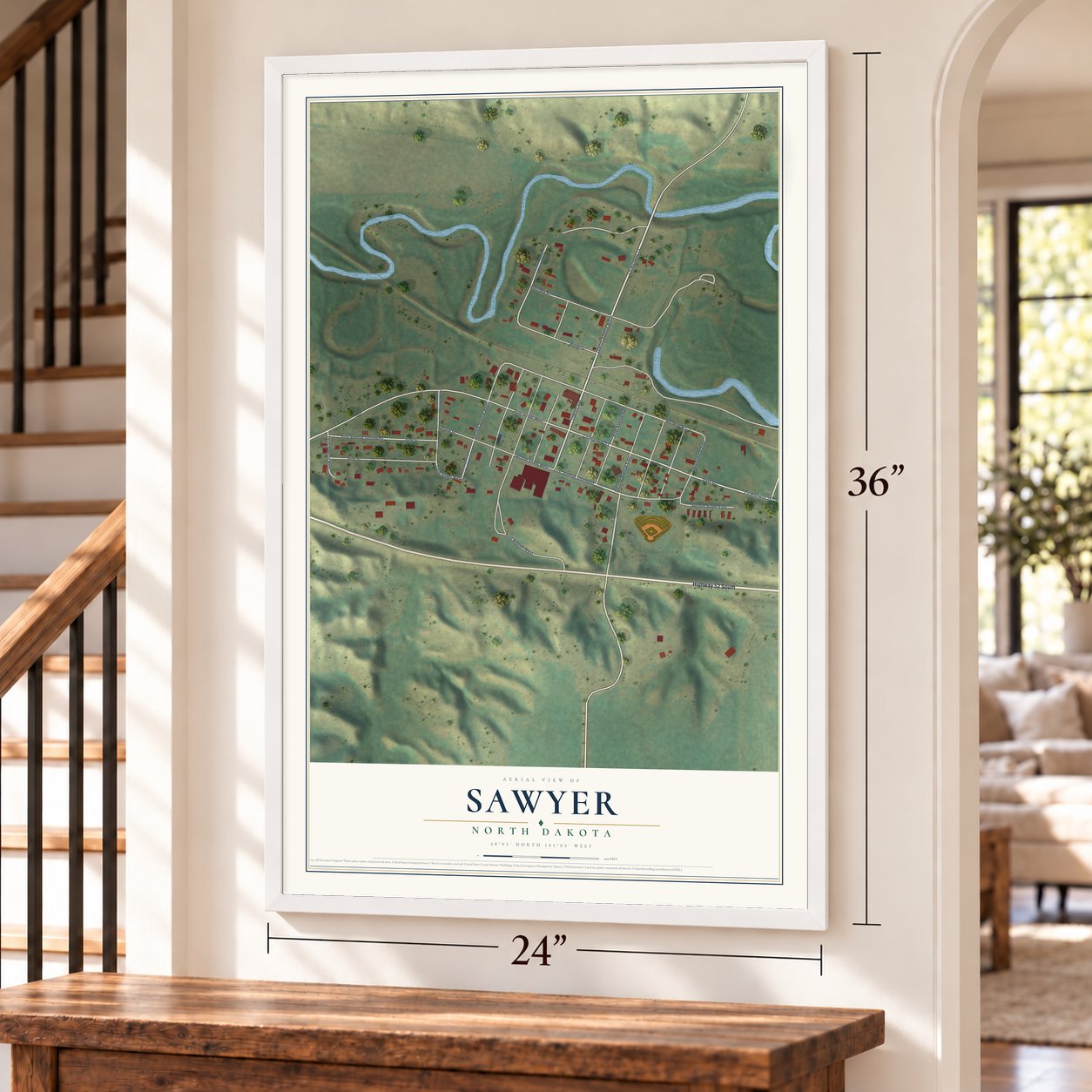Sawyer, North Dakota map, 24 x 36 inch print in a white frame by a staircase