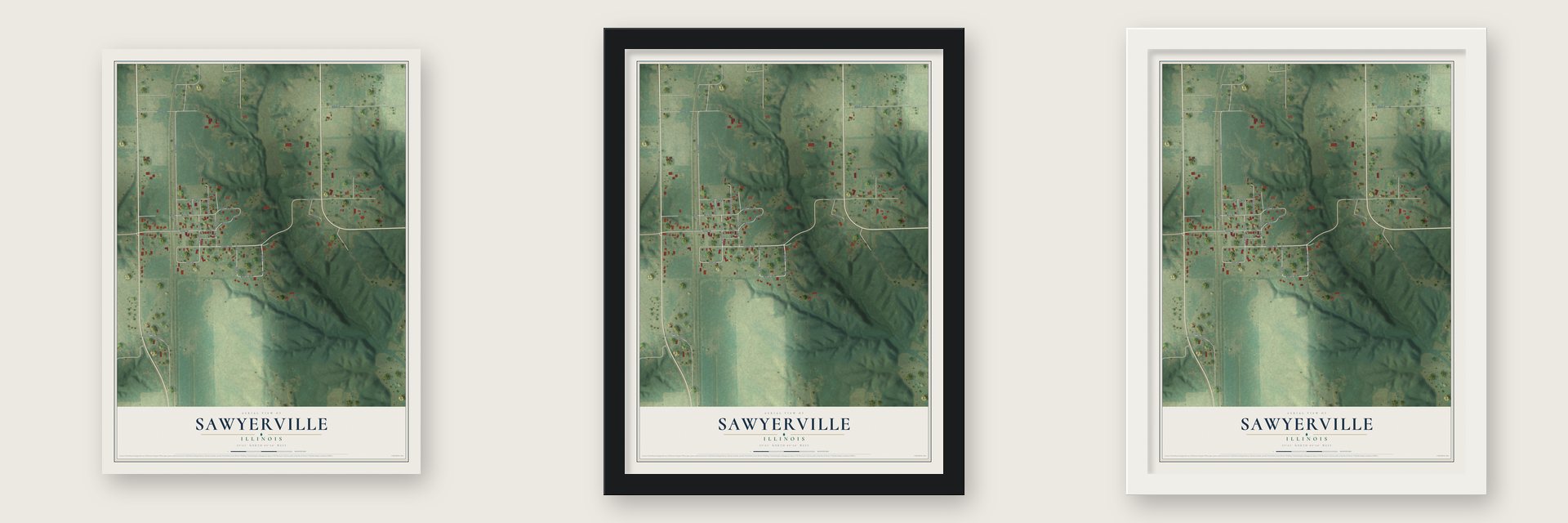 Sawyerville, Illinois map unframed, in a black wood frame and in a white wood frame
