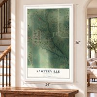 Sawyerville, Illinois map, 24 x 36 inch print in a white frame by a staircase