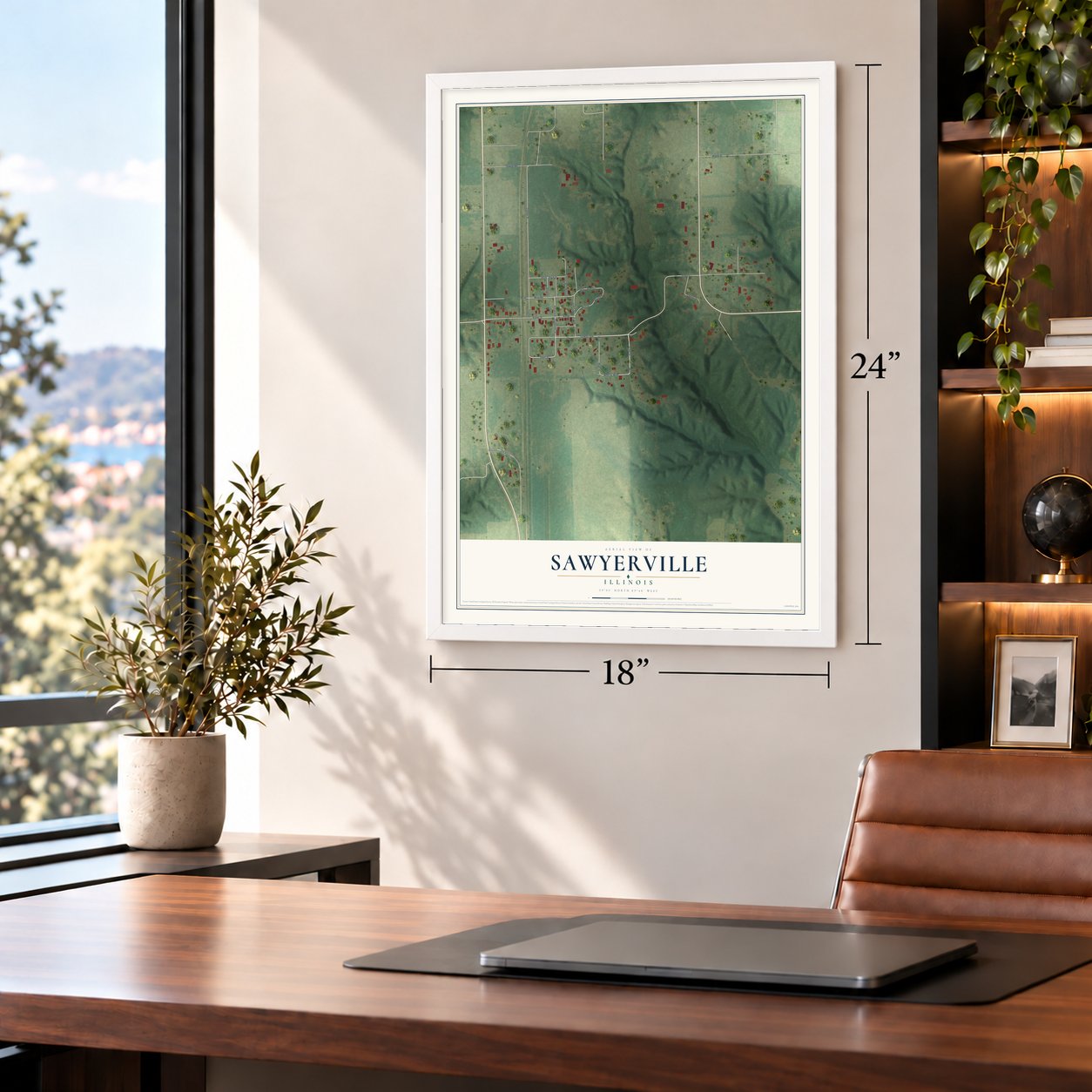 Sawyerville, Illinois map, 18 x 24 inch print in a white frame in a home office