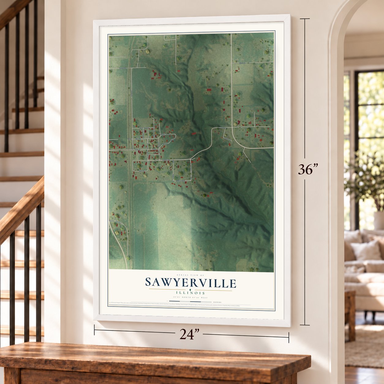 Sawyerville, Illinois map, 24 x 36 inch print in a white frame by a staircase