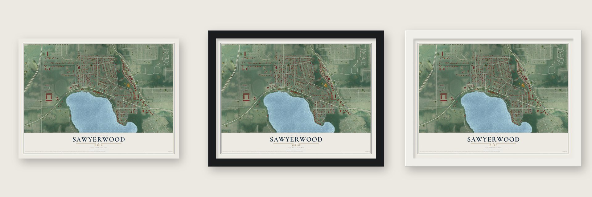Sawyerwood, Ohio map unframed, in a black wood frame and in a white wood frame