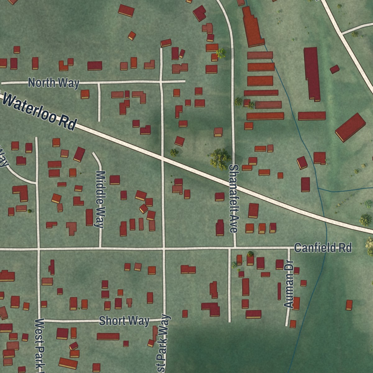 Second close-up of the map of Sawyerwood, Ohio print showing more streets and buildings