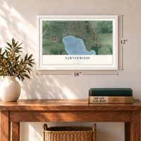 Sawyerwood, Ohio map, 12 x 18 inch print in a white frame in an entryway
