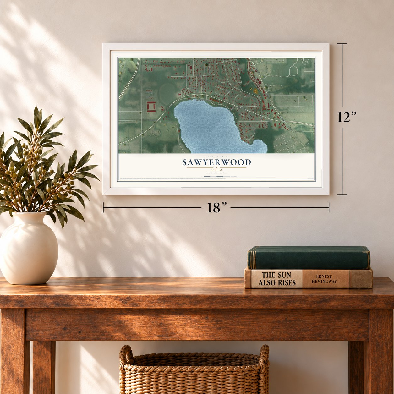 Sawyerwood, Ohio map, 12 x 18 inch print in a white frame in an entryway