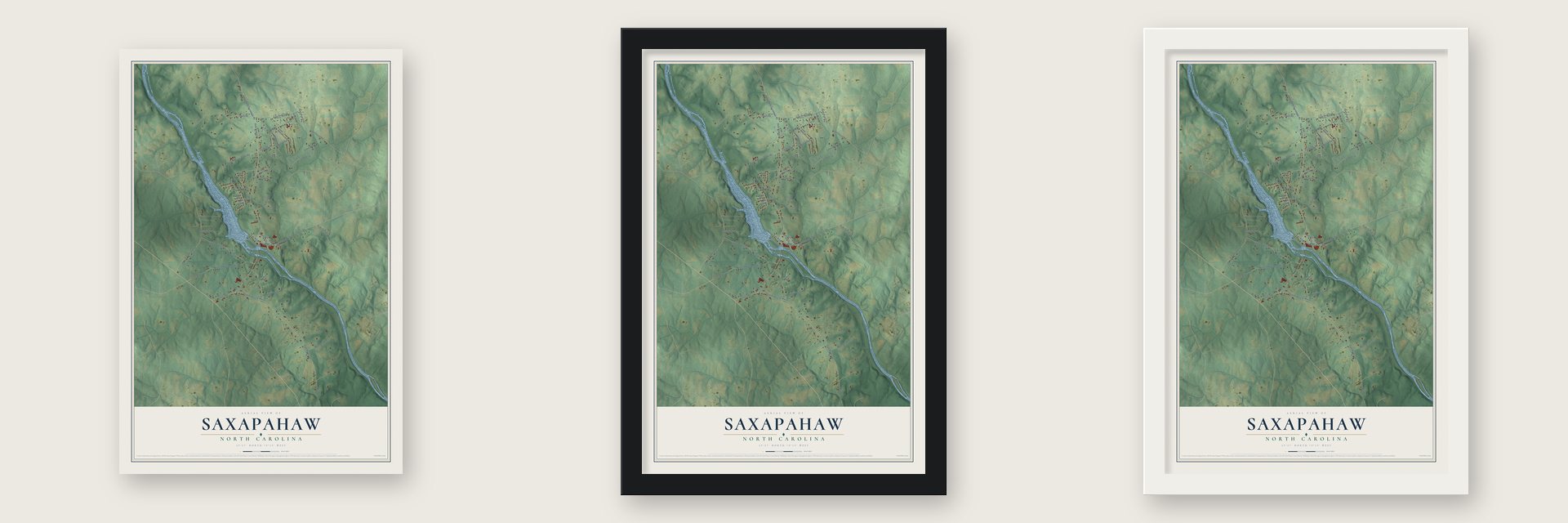 Saxapahaw, North Carolina map unframed, in a black wood frame and in a white wood frame