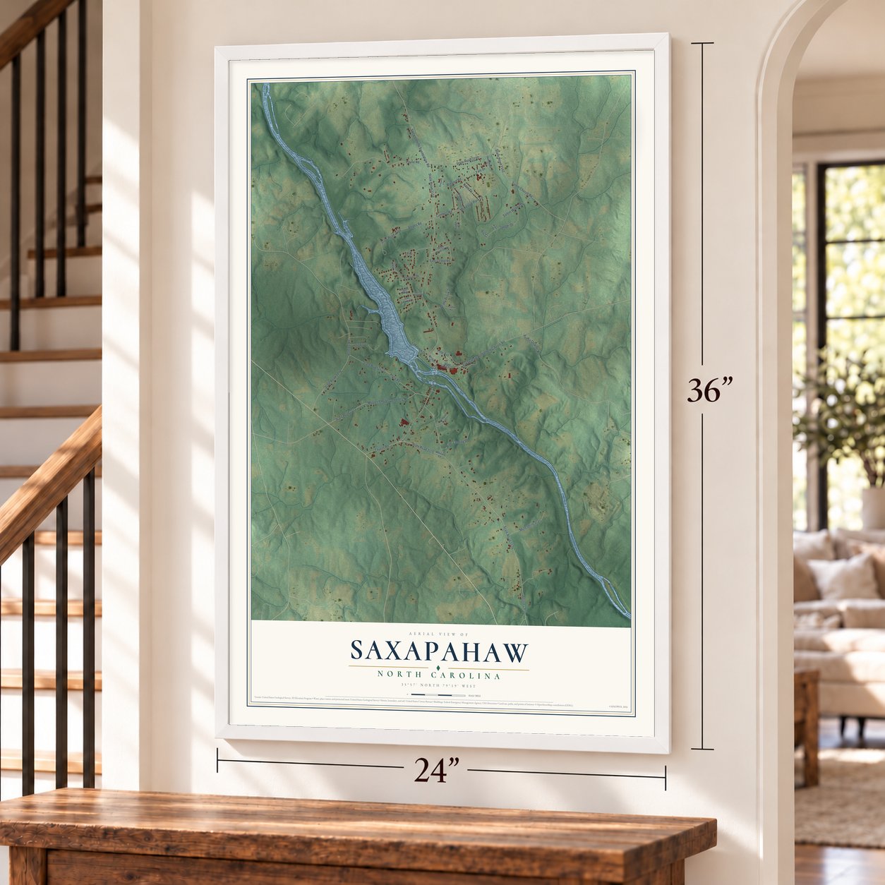Saxapahaw, North Carolina map, 24 x 36 inch print in a white frame by a staircase
