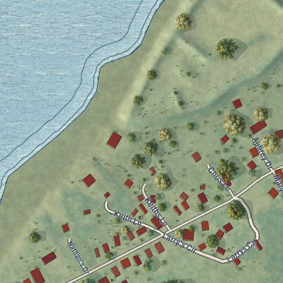 Second close-up of the map of Saxis, Virginia print showing more streets and buildings