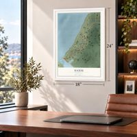 Saxis, Virginia map, 18 x 24 inch print in a white frame in a home office