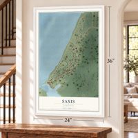 Saxis, Virginia map, 24 x 36 inch print in a white frame by a staircase