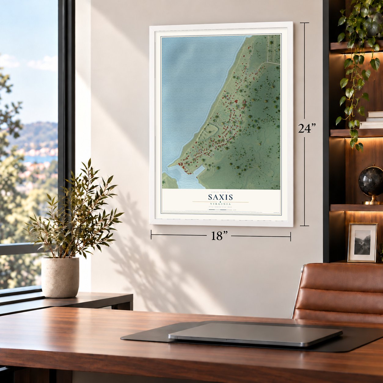 Saxis, Virginia map, 18 x 24 inch print in a white frame in a home office