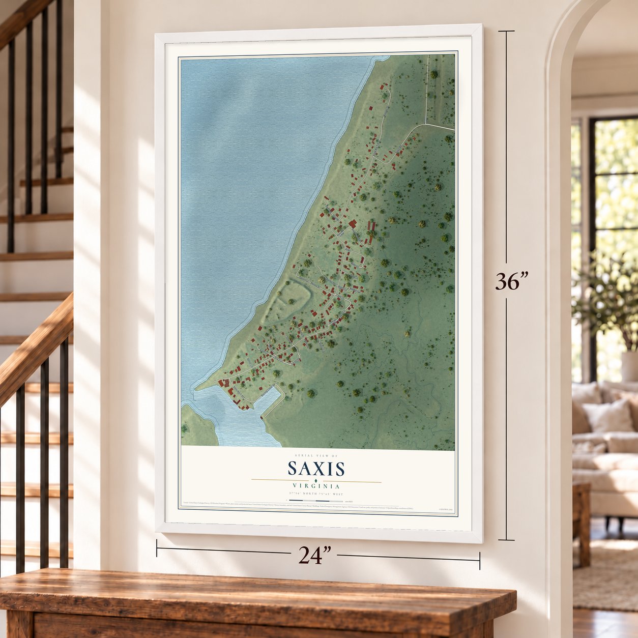 Saxis, Virginia map, 24 x 36 inch print in a white frame by a staircase