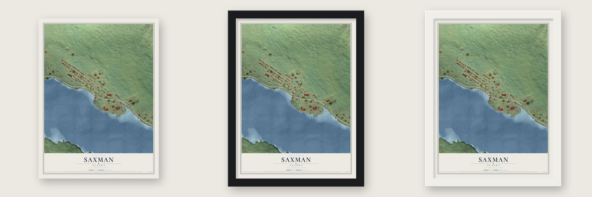 Saxman, Alaska map unframed, in a black wood frame and in a white wood frame