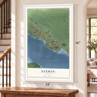 Saxman, Alaska map, 24 x 36 inch print in a white frame by a staircase