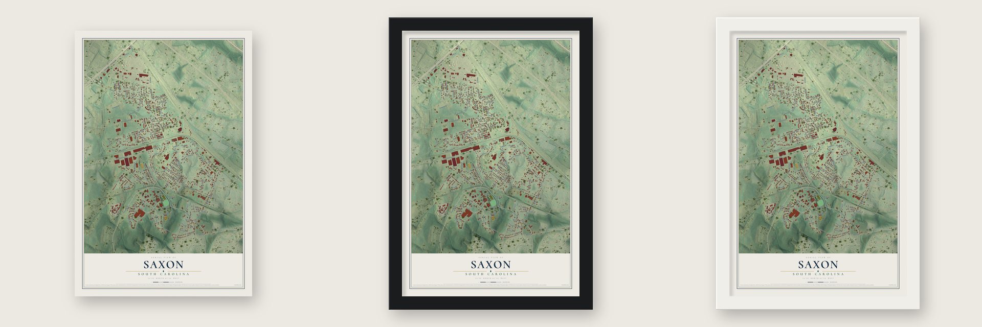 Saxon, South Carolina map unframed, in a black wood frame and in a white wood frame